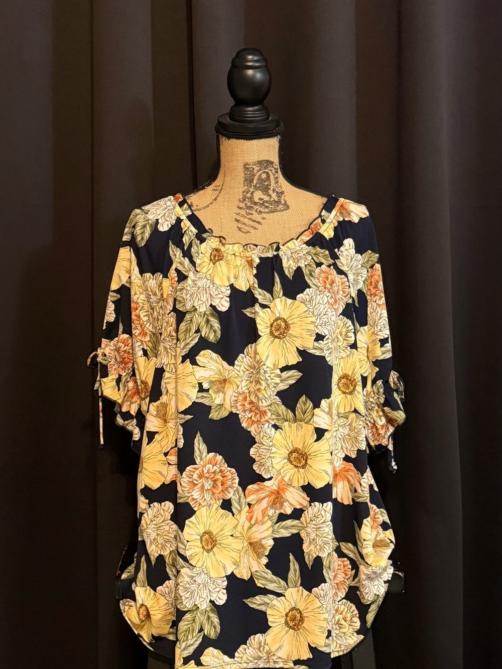 Women's Navy Floral Tunic Top with Yellow Blossoms